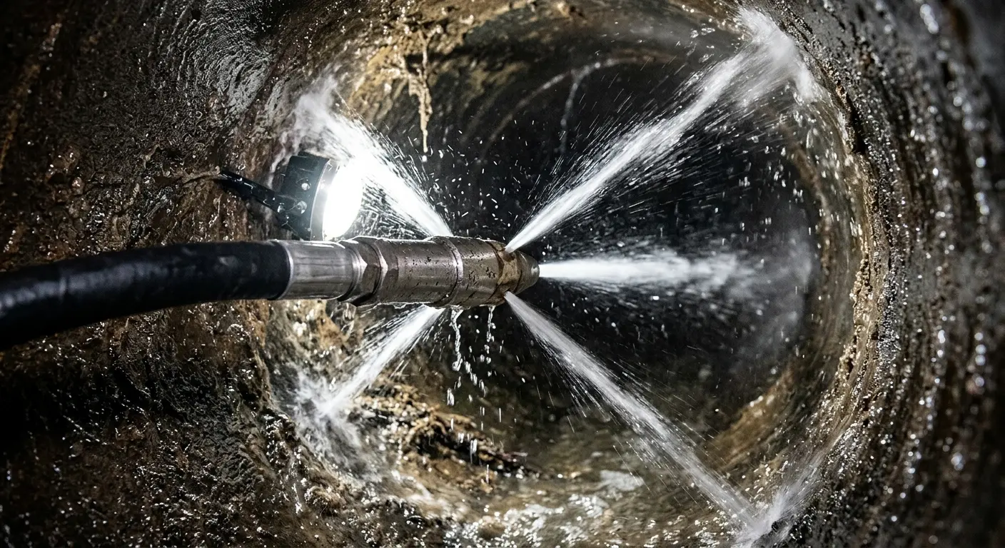 High-pressure hydro jetting nozzle cleaning sewer pipe for Emergency Drain Service in West Caln