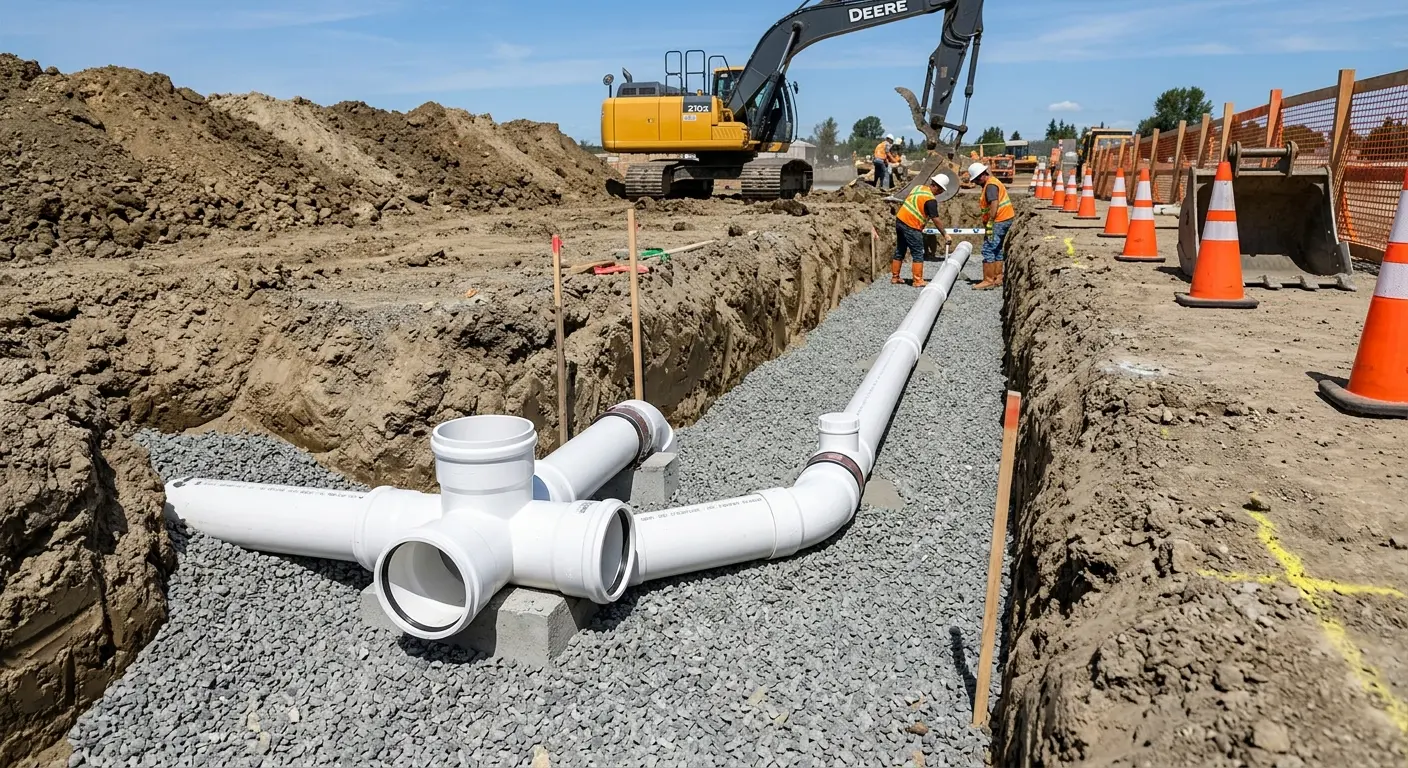 New PVC sewer pipe installation in open trench for Commercial Drain Cleaning in West Caln